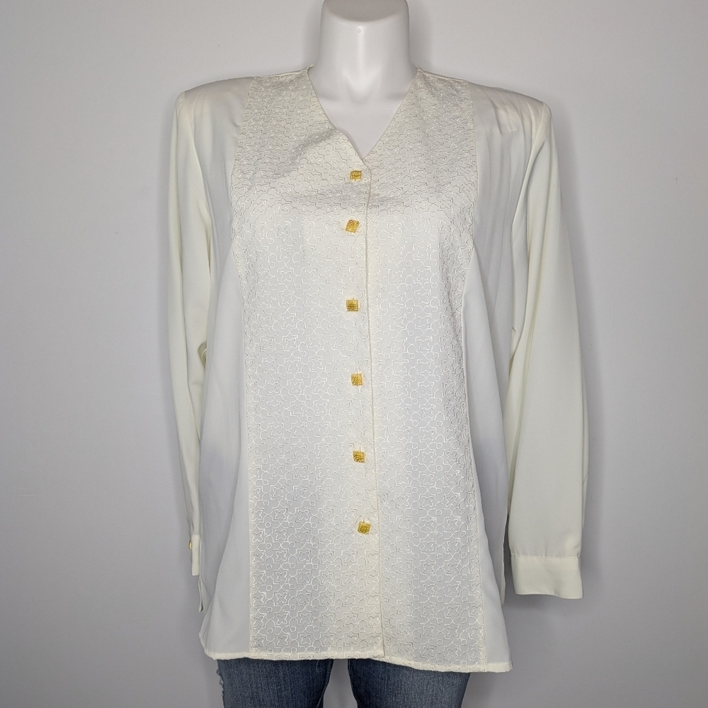 NWT Vintage Yves St Clair Deadstock Cream Gold Geometric Embroidered Button Up
